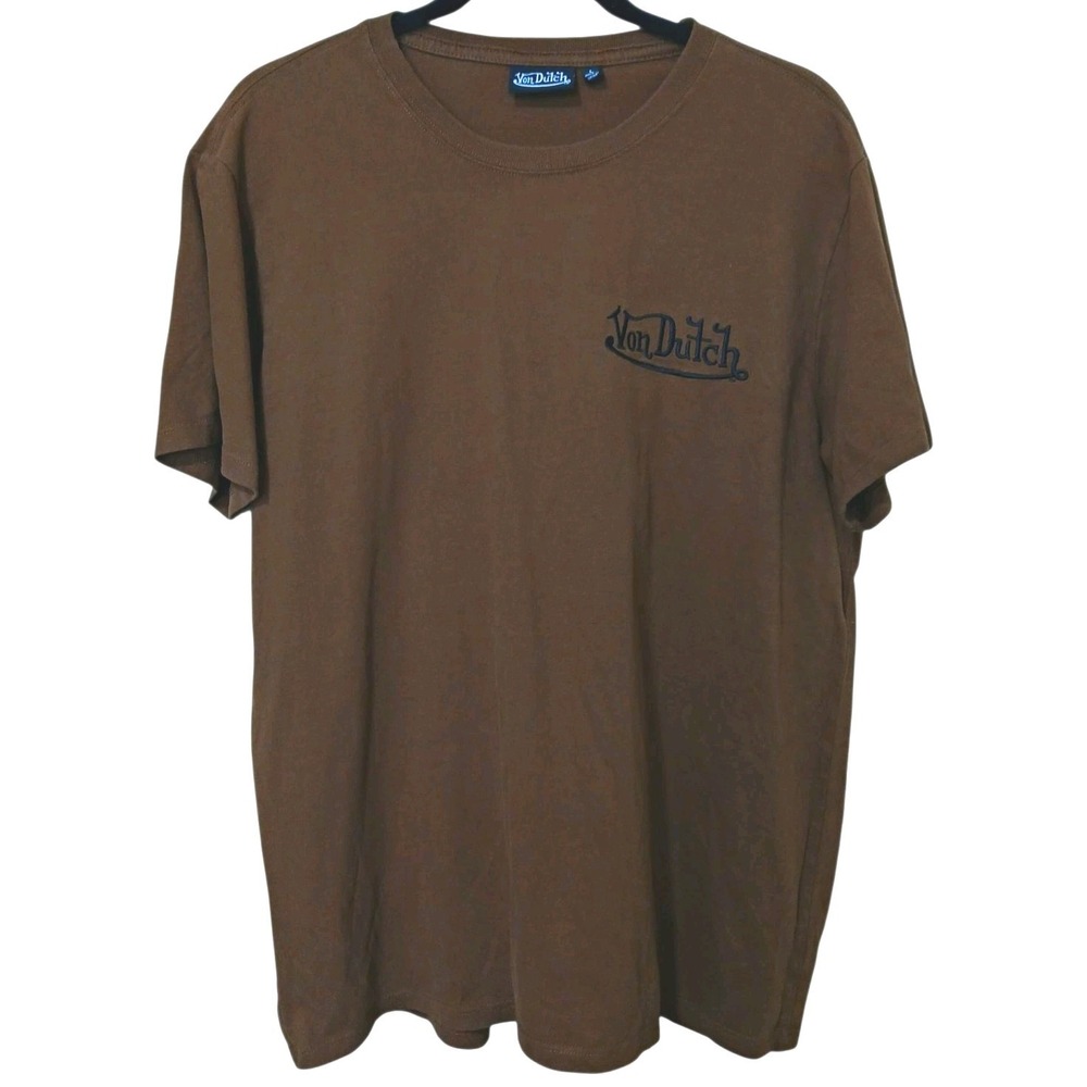 Von Dutch Men's T-Shirt L Brown Short Sleeve Crew Neck Logo Graphic Double-Sided